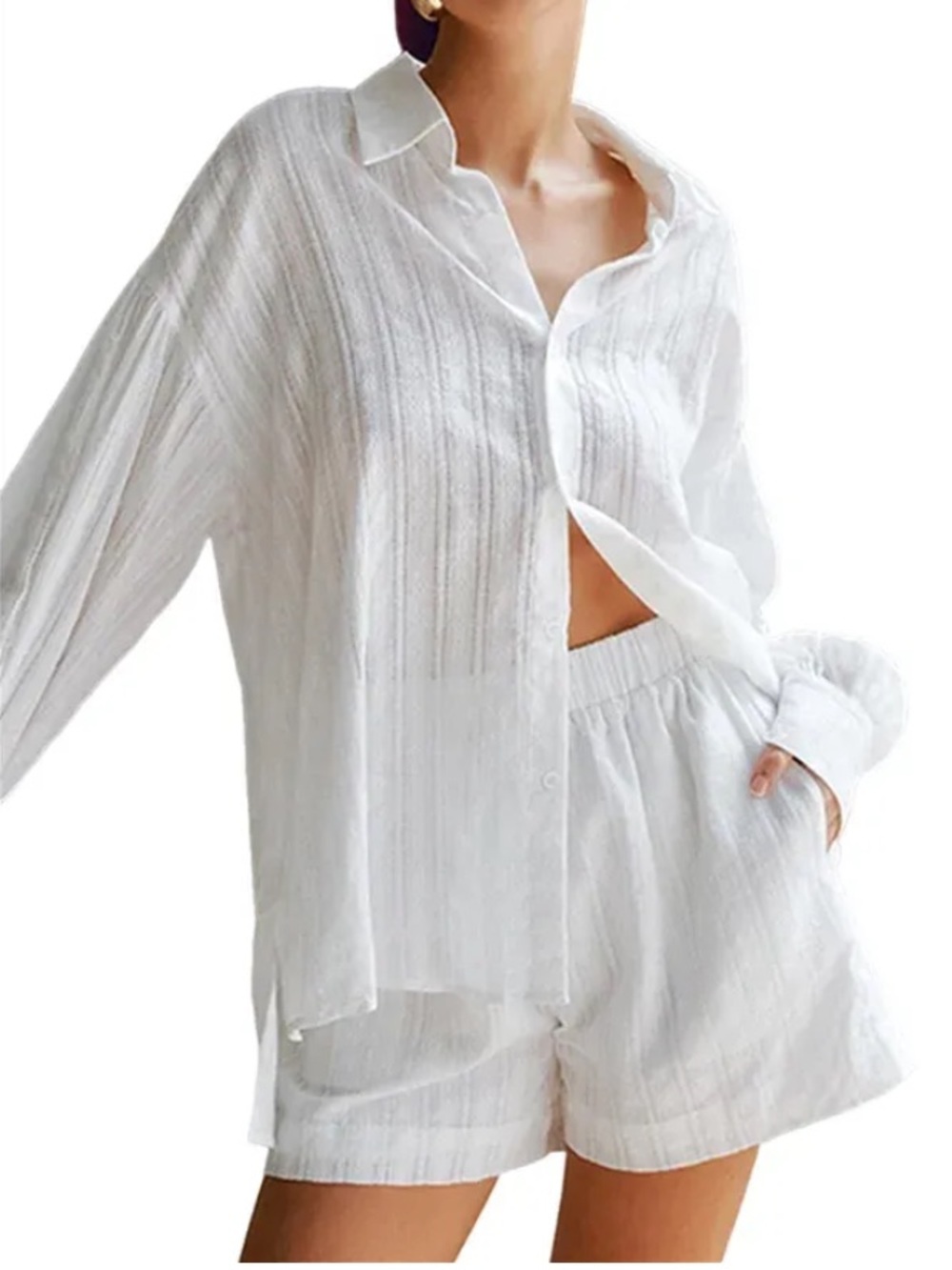 Commense White Cotton Button-Front  & Shorts Set